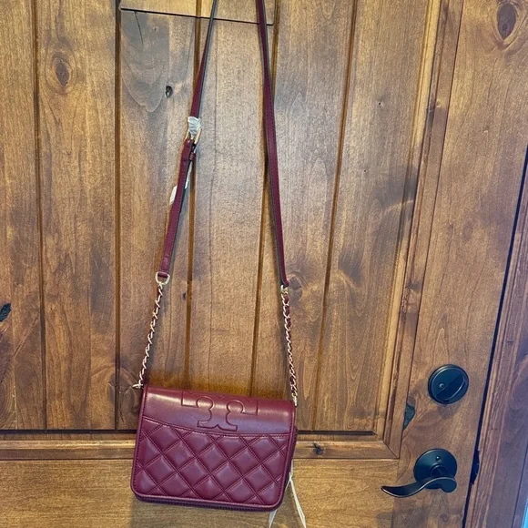 Tory Burch Savannah Comb Burgundy Quilted Crossbody Bag